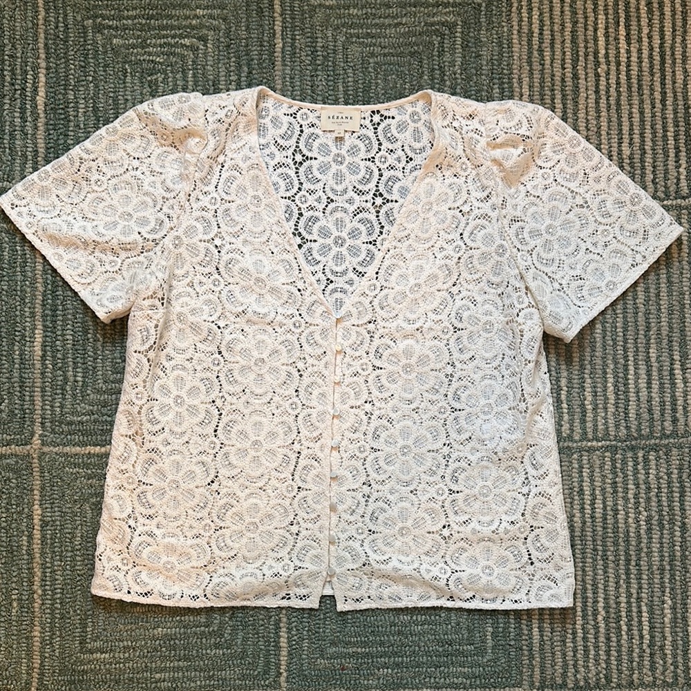 Sezane White Crochet Lace Short-Sleeve Blouse